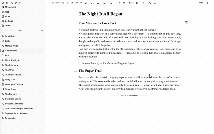 Writing in the Scriptorium editor beside a nested manuscript sidebar