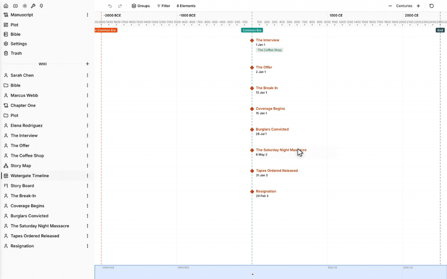 Placing events on a zoomable timeline in Scriptorium